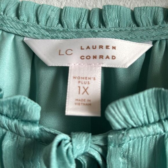 LC Lauren Conrad Satin Green Floral Balloon Sleeve Peasant Blouse Top Plus Sz 1x - Picture 7 of 12